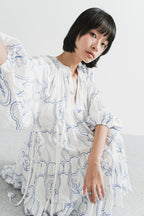 Modera Bohemian Dress in Blue Embroidered