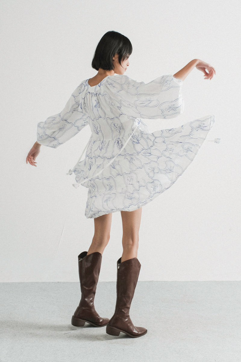 Modera Bohemian Dress in Blue Embroidered