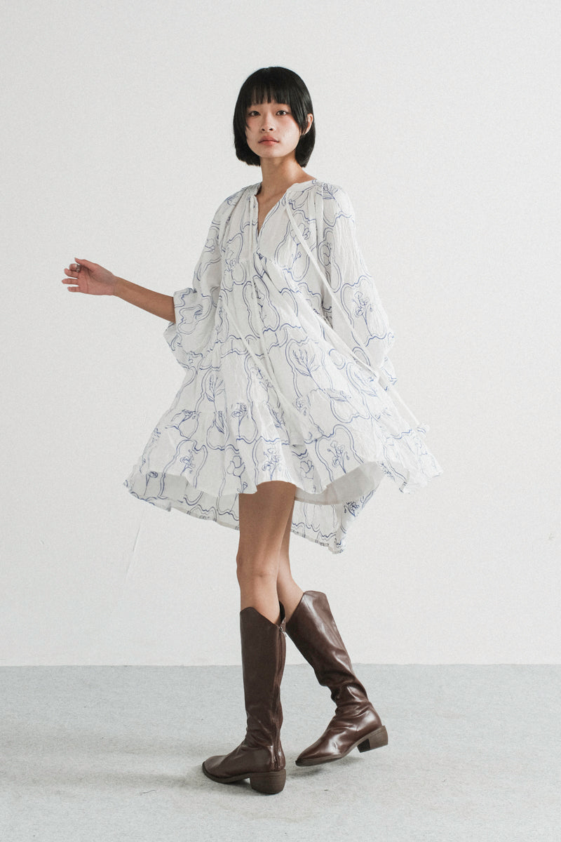Modera Bohemian Dress in Blue Embroidered