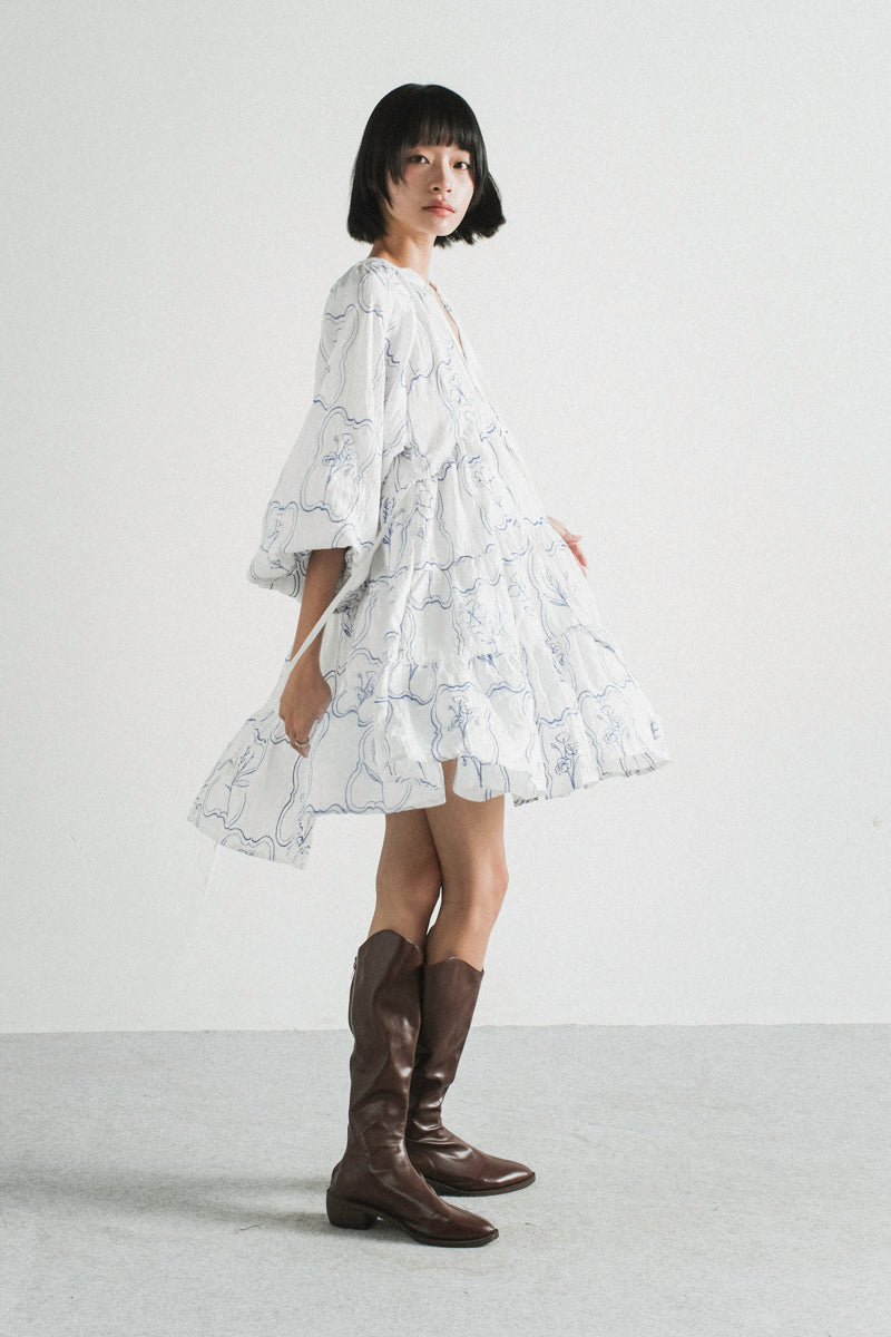 Modera Bohemian Dress in Blue Embroidered