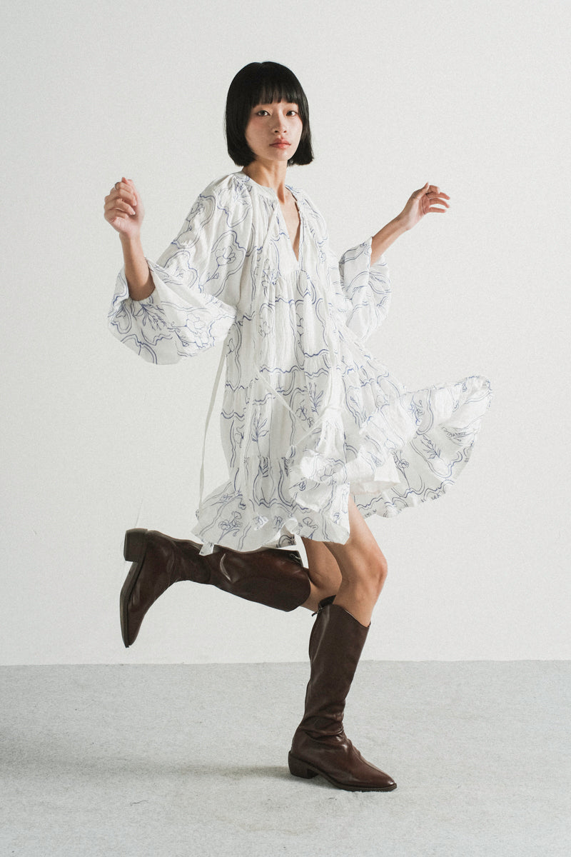 Modera Bohemian Dress in Blue Embroidered