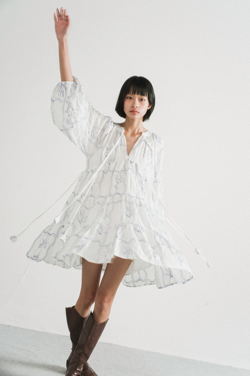 Modera Bohemian Dress in Blue Embroidered