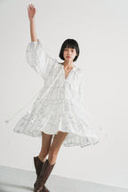Modera Bohemian Dress in Blue Embroidered