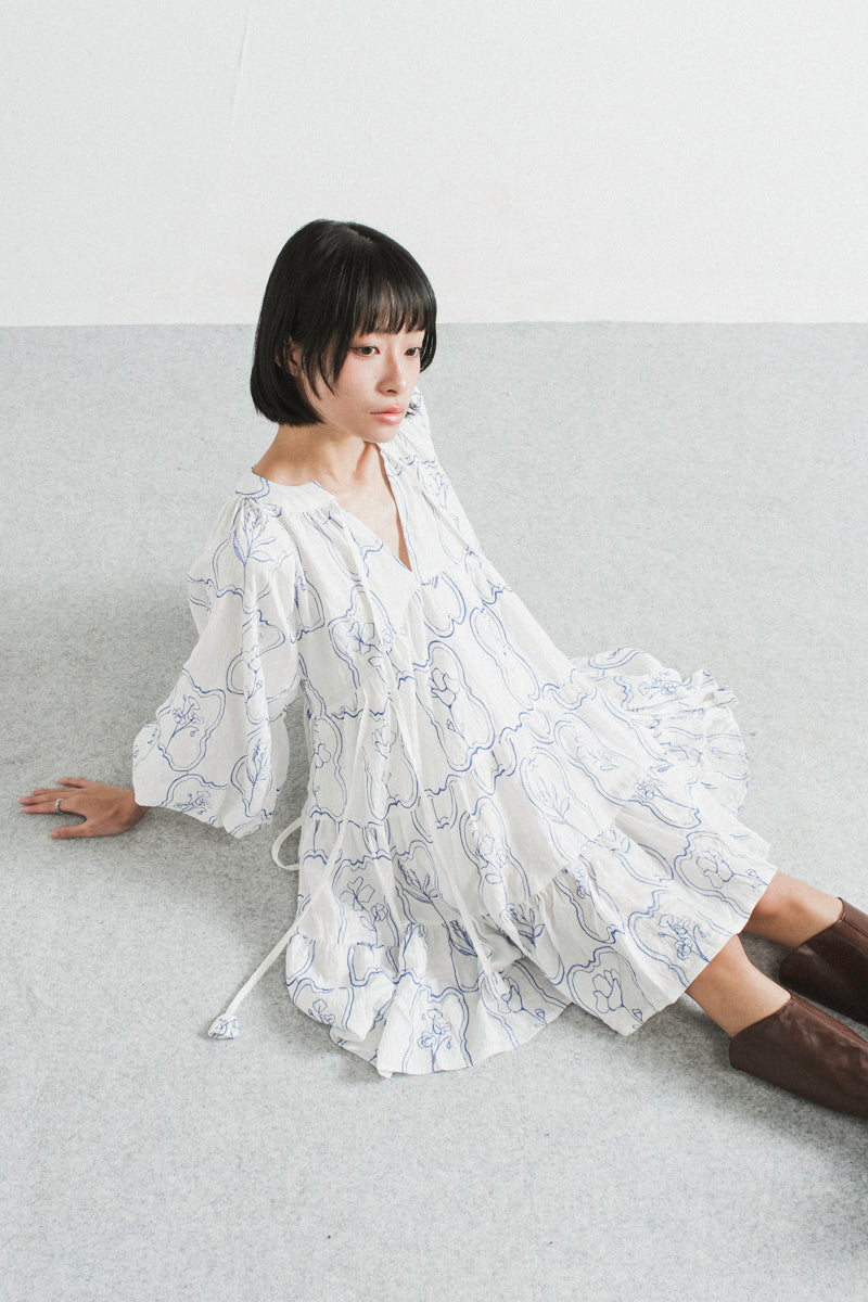 Modera Bohemian Dress in Blue Embroidered