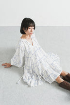 Modera Bohemian Dress in Blue Embroidered