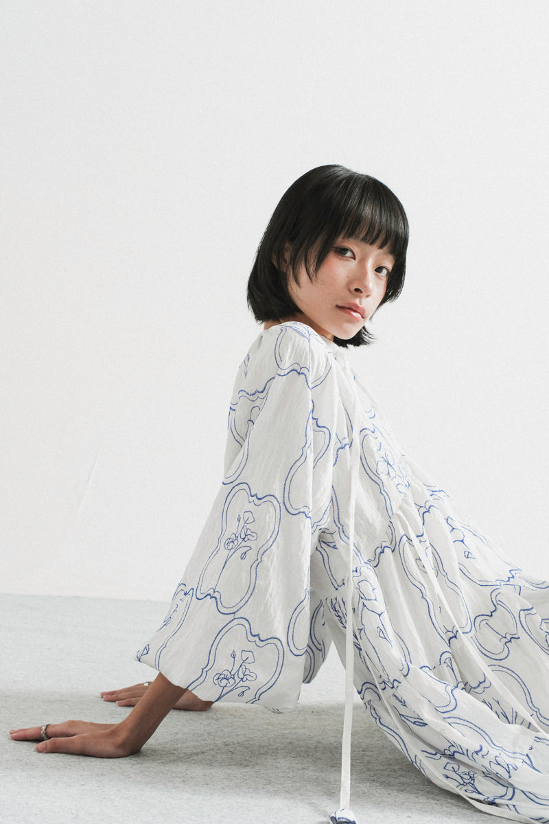 Modera Bohemian Dress in Blue Embroidered