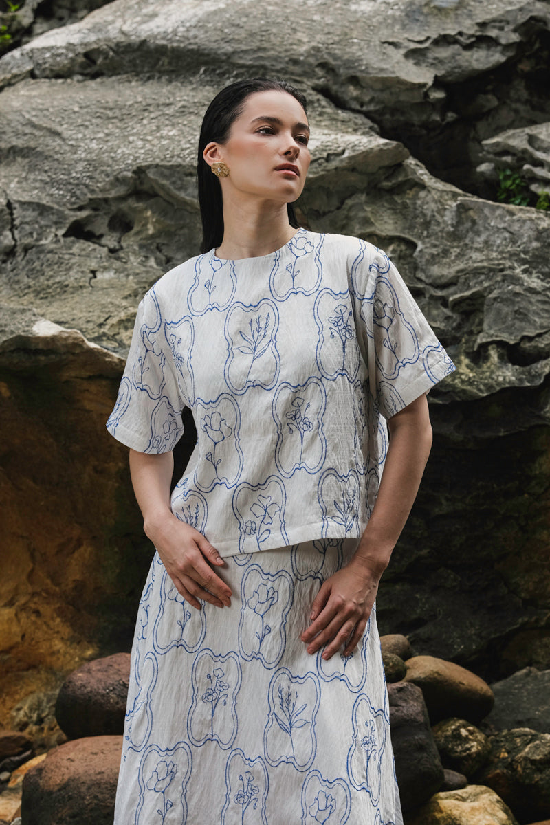 Morgan Top in Blue Embroidered