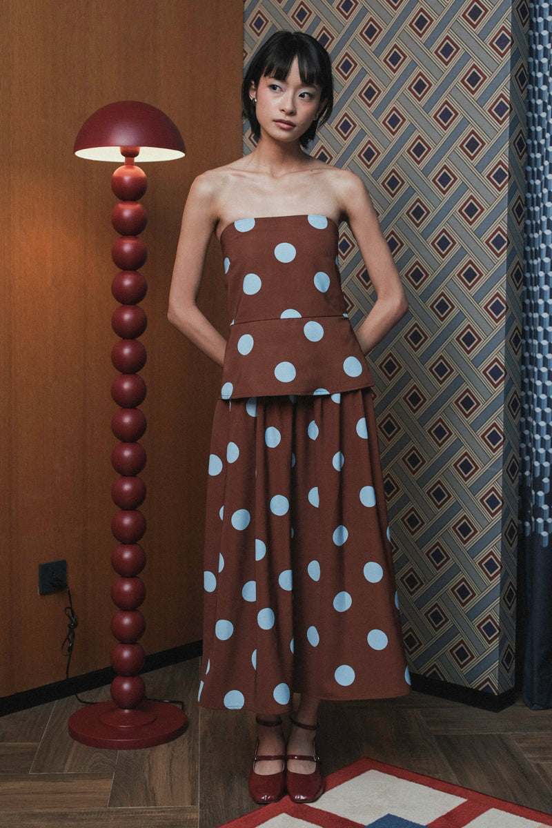 Tube Top in Brown Blue Polka
