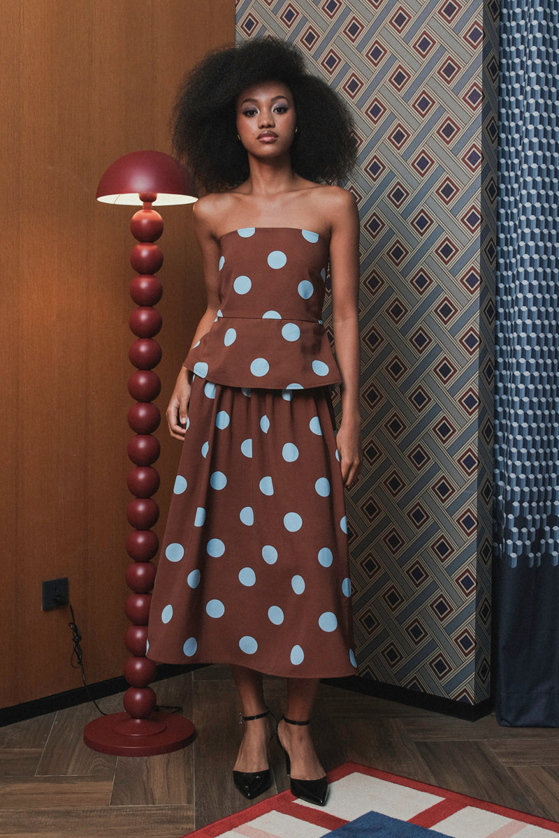 Blair Skirt in Brown Blue Polka