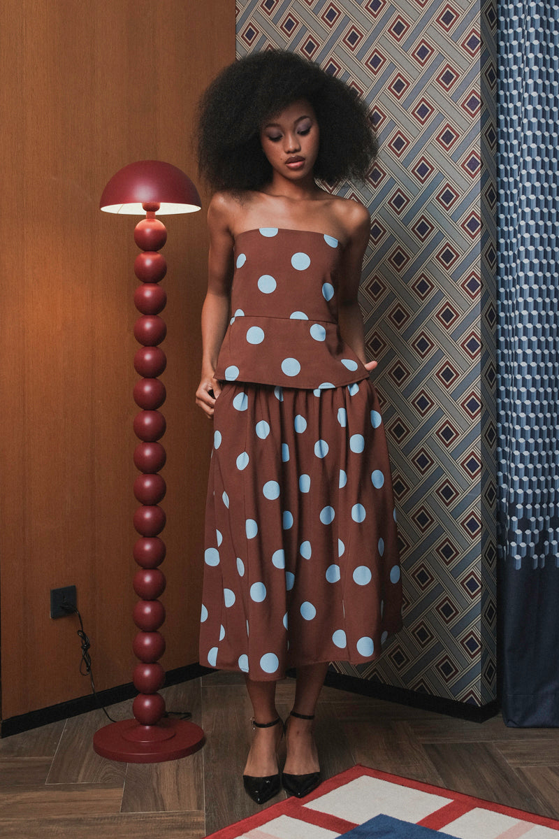 Tube Top in Brown Blue Polka