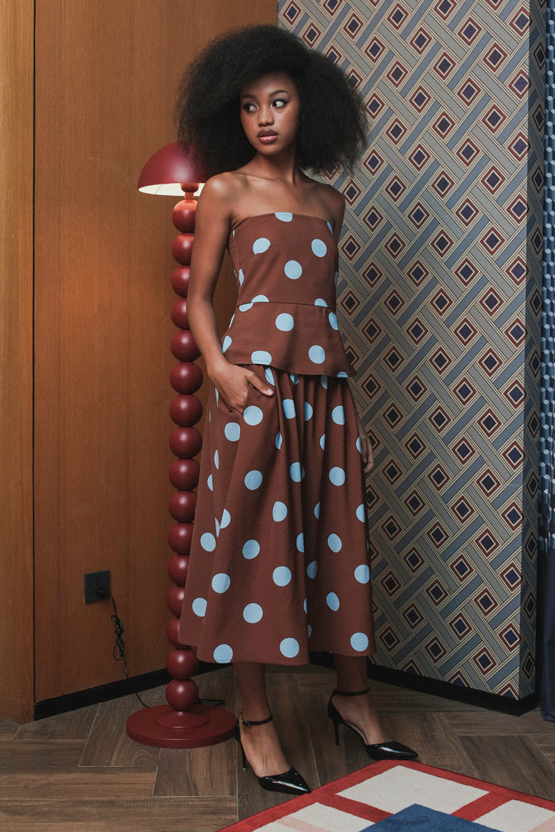 Tube Top in Brown Blue Polka