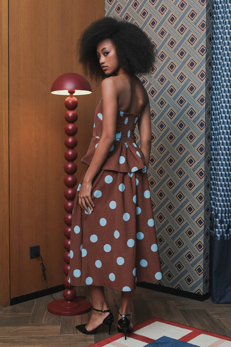 Blair Skirt in Brown Blue Polka