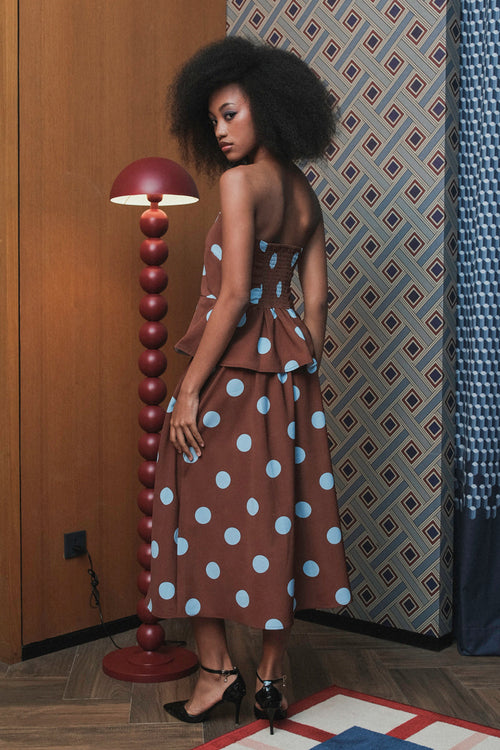 Blair Skirt in Brown Blue Polka