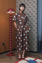 Bella Dress in Brown Blue Polka